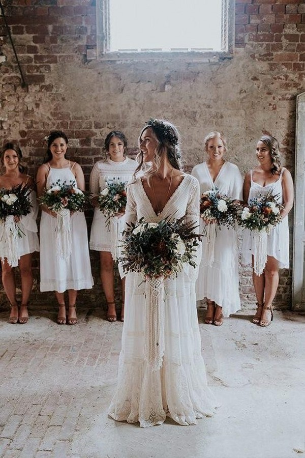 Stylish Lace Bohemian A E Rustic Country V Neck Sleeves Bridal Gowns Sexy Open Back Wedding Shower Long Robes Reception Dress For Bride Al9314 6660306