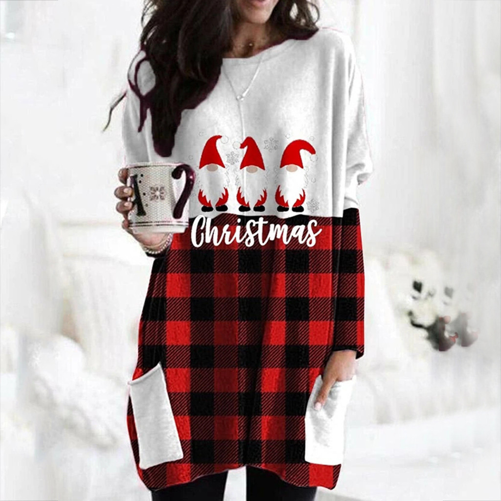 40# Women Christmas Blouse Color Matching Print Long-Sleeved Sweatshirt Shirt Casual Plus Size Plaid Tops Pullover Ropa Mujer 210225