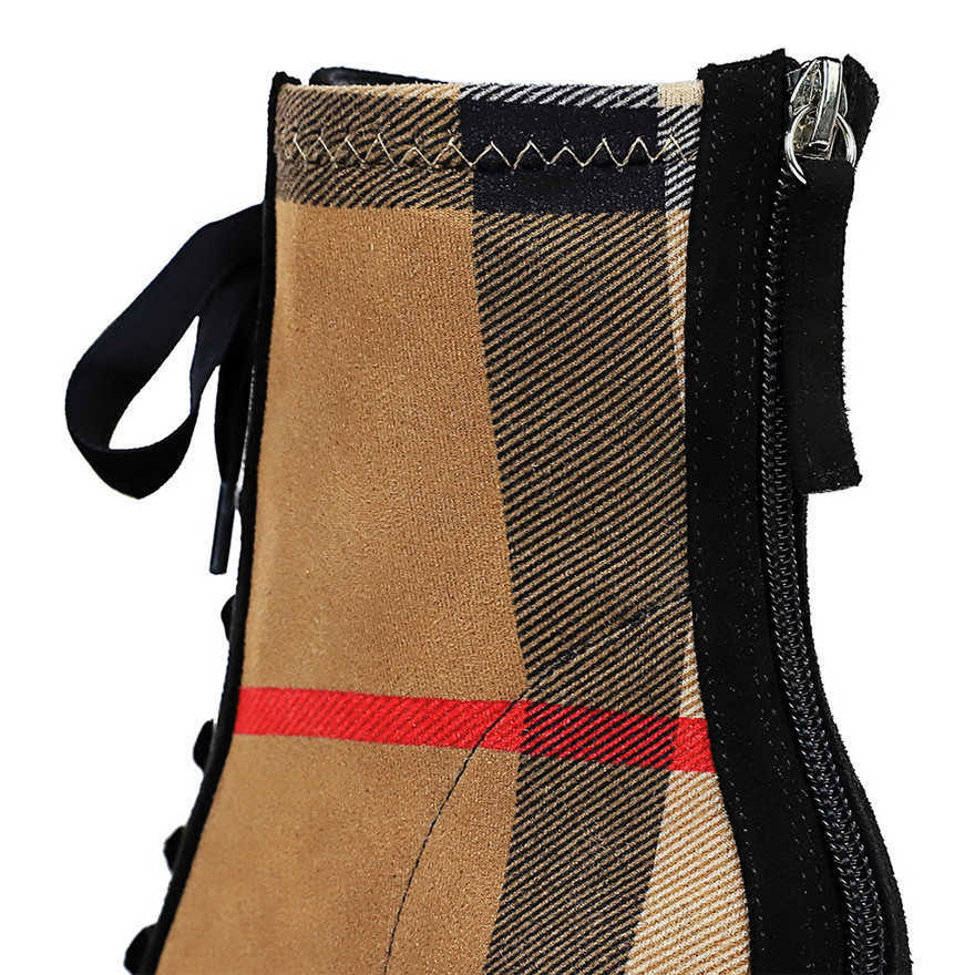 Hot Plaid Patchwork Flock Leather Boots Women's Fashion 8cm High Heels Ankle Pumps Pointed Toe Lace-Up Casual Ladies Short Boots Y0914