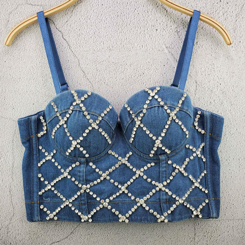 New Women Denim Caims Bustier Bra Cropped Top Sexy Vest Diamond Push Up Crop Top Tank Women Clothes Adjustable 210308