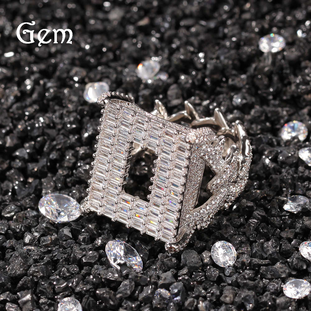 Hot new zirconium square hollow back men's ring hip hop fashion diamond ring