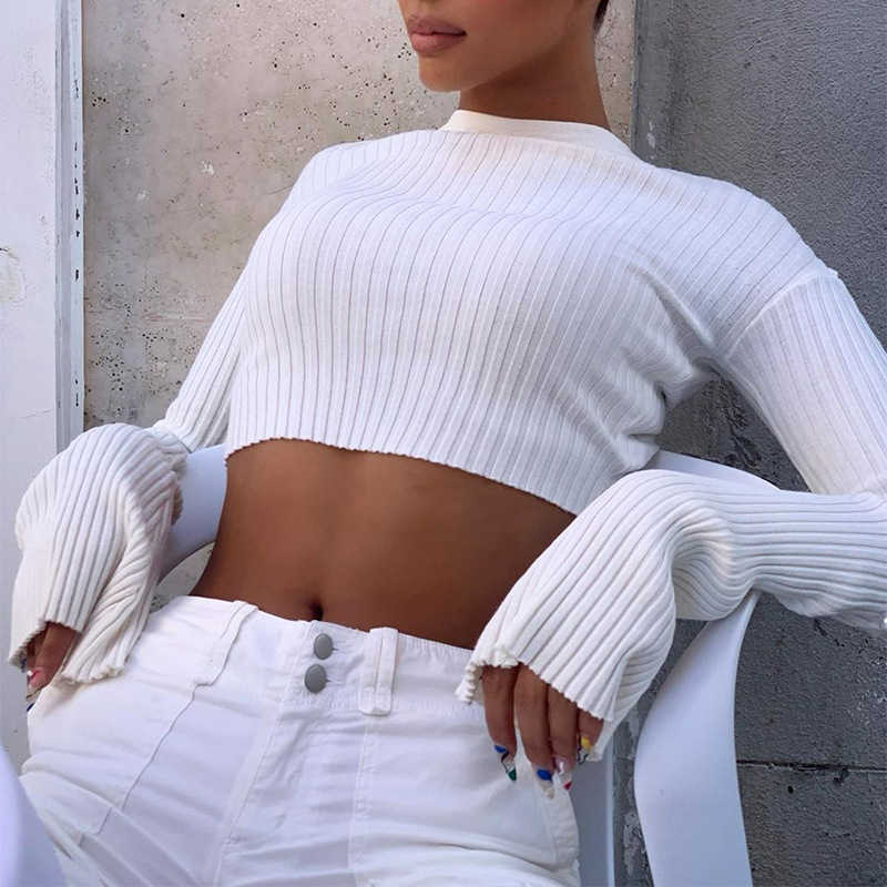 Colysmo Woman Long Sleeve Crop Tops Chic Cut out Flare Bead Bodycorn Tshirts Fall Women Casual Clothing 210527