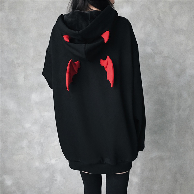 Autumn Punk Gothic Devil Horn Hooded Sweatshirt Women Winter Warm Loose Harajuku Sweatshirt Outdoor Cute Hoodies Pullover LJ201130