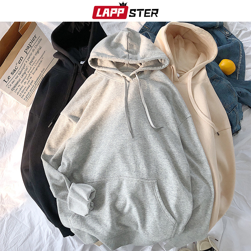LAPPSTER Men Solid Hooded Hoodies Autumn Women Hip Hop Korean Fashions Sweatshirts Casual Hip Hop Couple Hoodie Plus Size 201020
