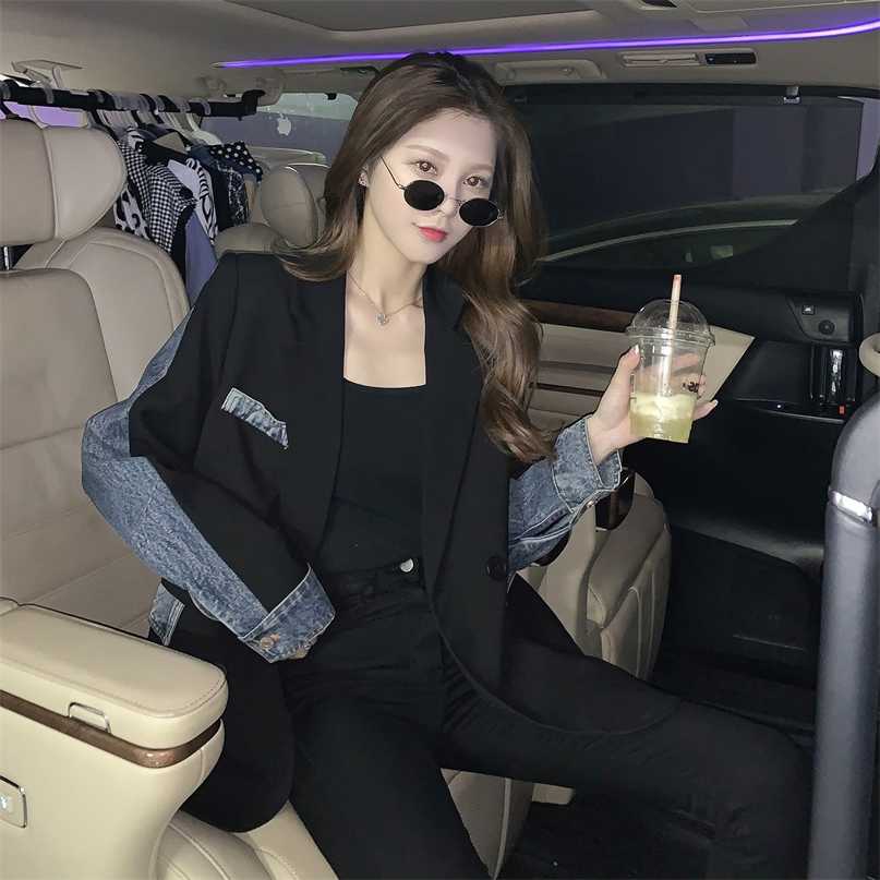 Spring And Autumn Retro Denim Stitching Design Sense Net Red Small Suit Women Loose Mid-length Temperament Jacket 211019, Black
Spring And Autumn Retro Denim Stitching Design Sense Net Red Small Suit Women Loose Mid-length Temperament Jacket 211019, Black