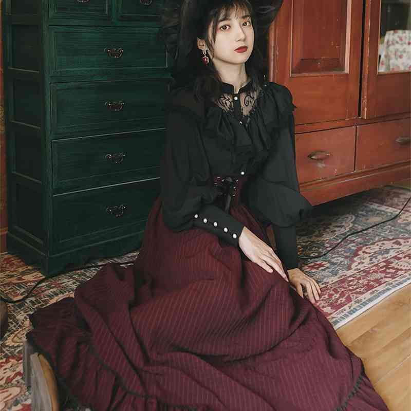 YOSIMI Two Piece Outfits Spring Black Full Sleeve Blouse Top and Striped Skirt and Top Set Suit Long Sleeve Shirt Women 210708