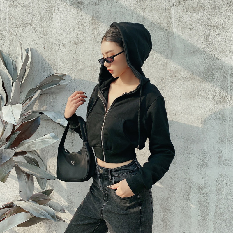 Front Pockets Zip Up Hoodies Women Spring Fall Solid Color Crop Top Casual Sweatshirt Ladies White Black Cropped Hooded 201102