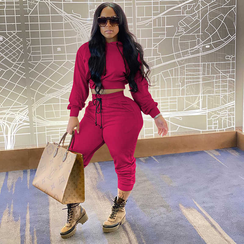 2020 Drawstring solid color hooded Tracksuit Women Casual Outfits Two Piece Set Pants Suits Plus Size Clothing Sets Y0625