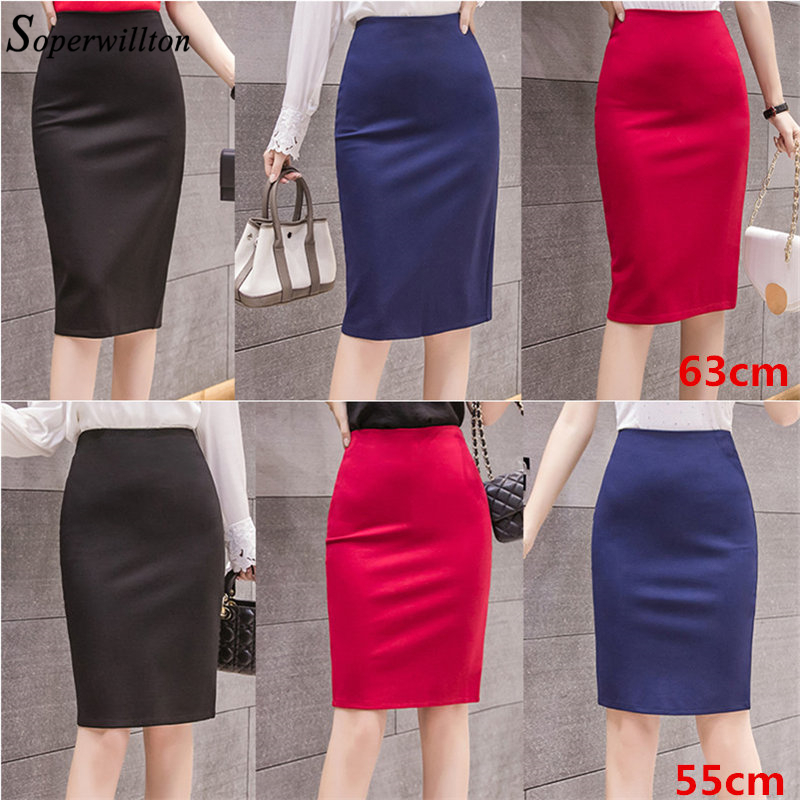 Elegant High Waist Skirts Workwear Plus Size Midi Skirt Slit Black Red elastic Office Lady Bodycon Pencil Skirts Womens 4XL 5XL 210309