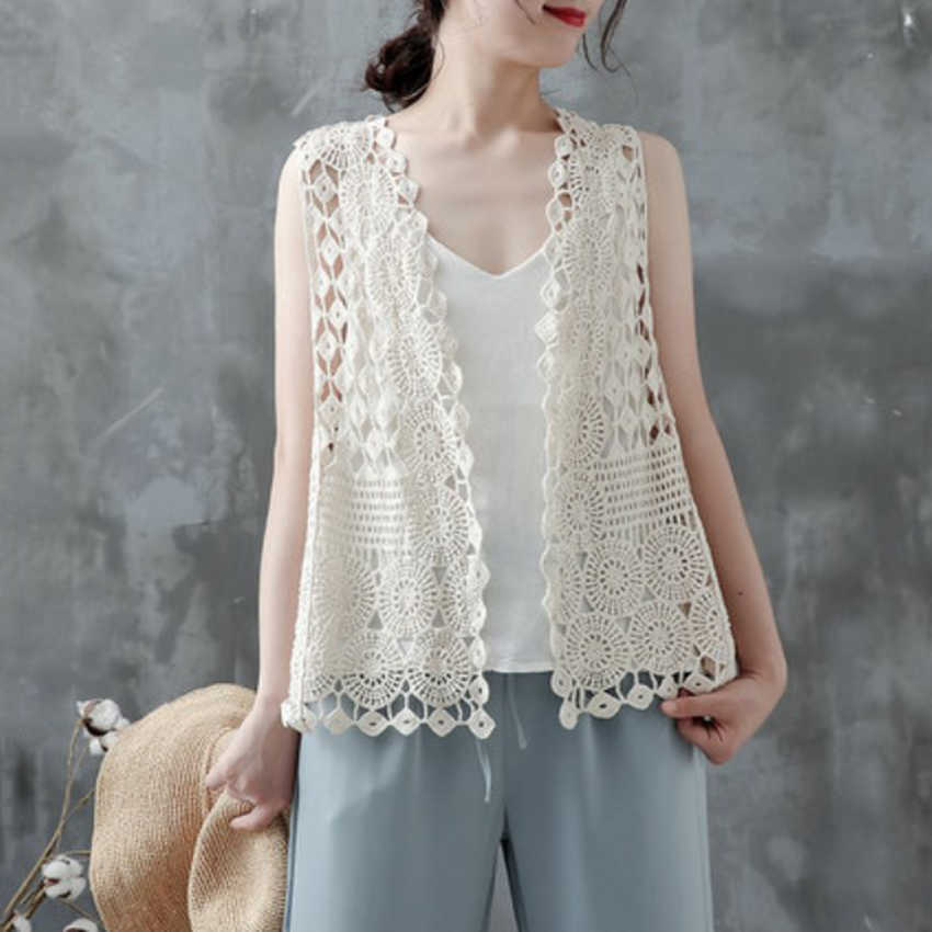 Spring Summer Sexy Hollow Out Lace Top Vest Crochet Sleeveless Waistcoat Women Open Stitch Short Outwear Chalecos Para Mujer 210819