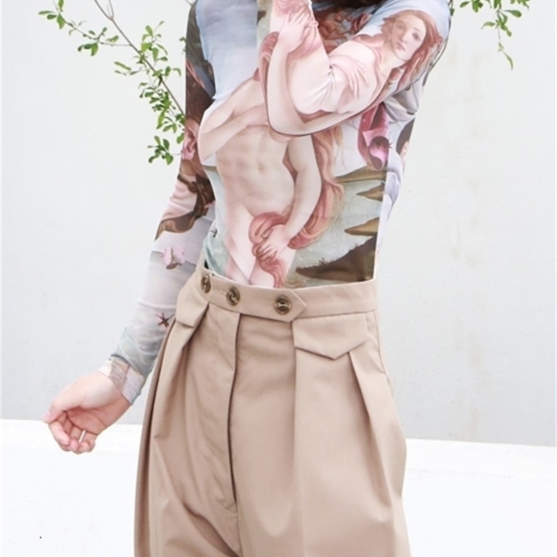 Korea Female Sexy Tee Tops Print Elastic Mesh Top Painting Long Sleeve Women Shirts Vintage Blouse blusas Tattoo clothes Q549 210225