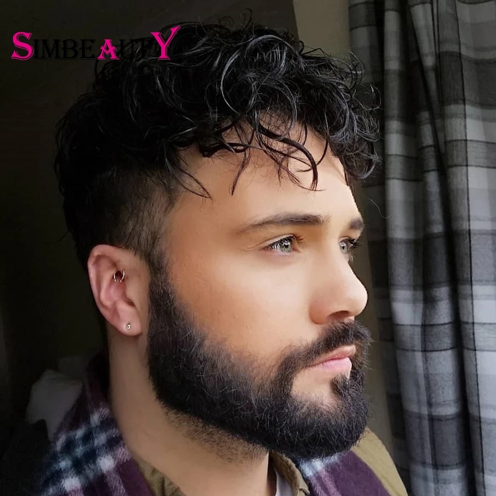 Men's Wig 20MM Curly Machine Injected Technical Skin Base Human Hair Toupee Replacement System Full Machine #1B Color 8x10inch