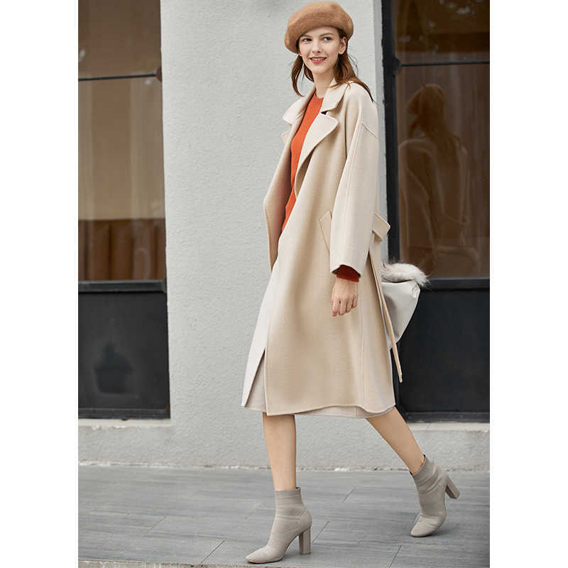 Minimalism Women Winter Solid Double Woolen Coat Fashion Causal Lapel Belt 100%Wool Female Long 11970505 210527