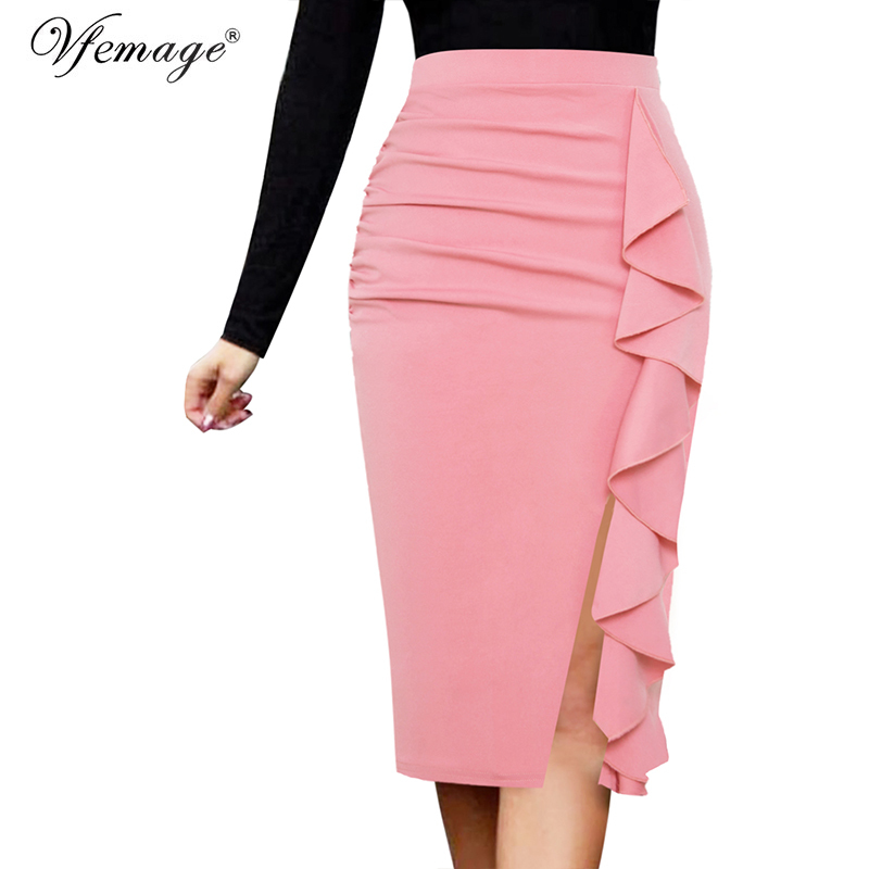Vfemage Women Elegant Ruched Ruffles High Waist Lace Solid Zipper Slit Slim Work Office Business Party Bodycon Pencil Skirt 1007 210309