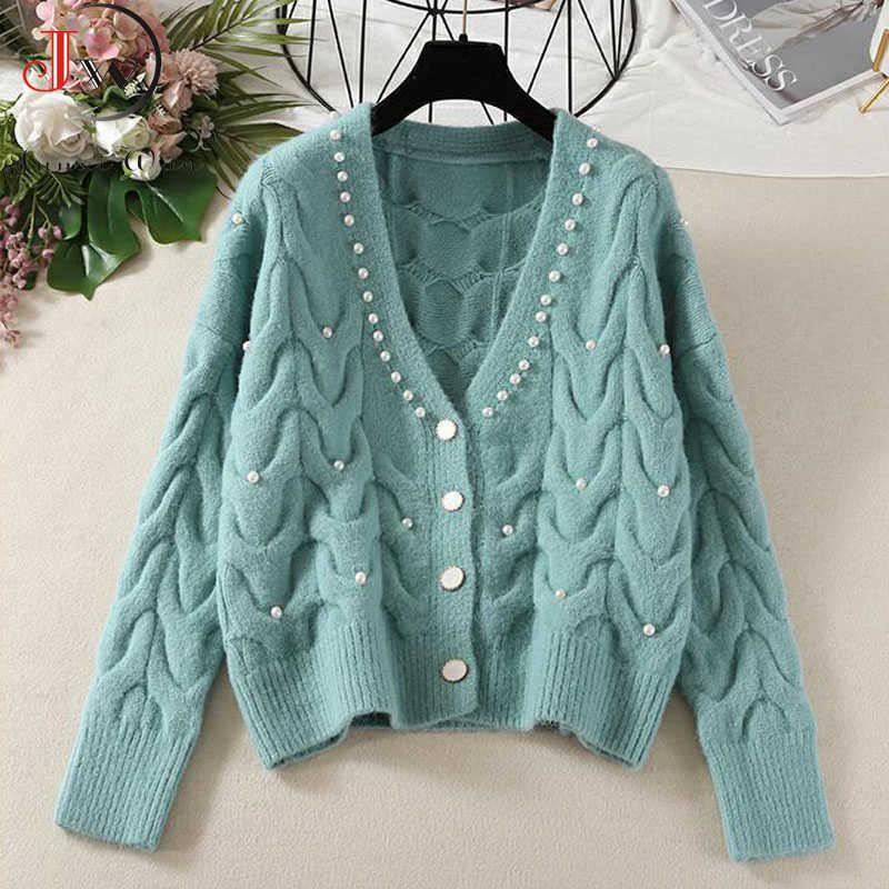 Cardigans Women Knitted Sweater Autumn Winter Long Sleeve V neck Jumper Fashion Sweet Beaded Cardigans Casual Streetwear Sweater 210918