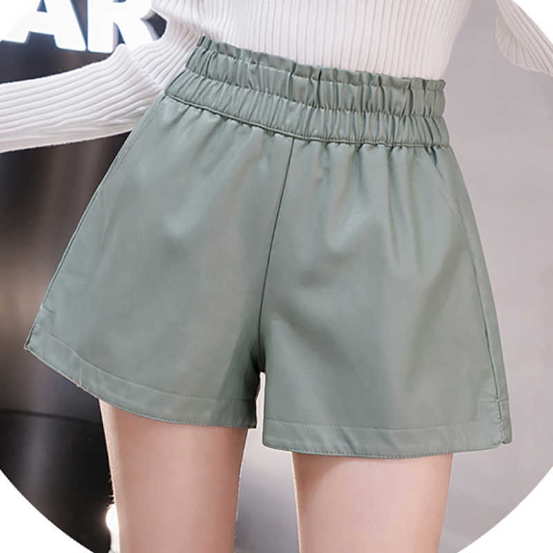 6 Solid Color Elastic Waist High Fall Pu Leather Shorts Women Wide Leg Biker Plus Size Femme Casual Ladies Pocket 210615Z