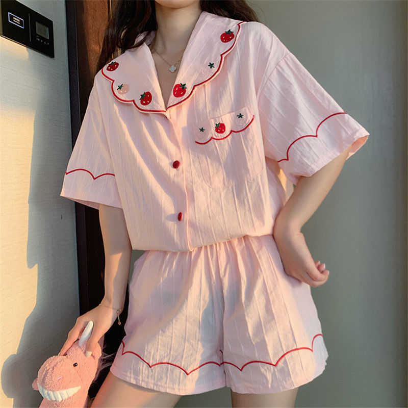 Qweek Women's Pajamas Summer Night Home Suit Sleepwear Cotton Strawberry Embroidery Pijamas Homepwear Pyjamas Kawaii Pj Sets 210924