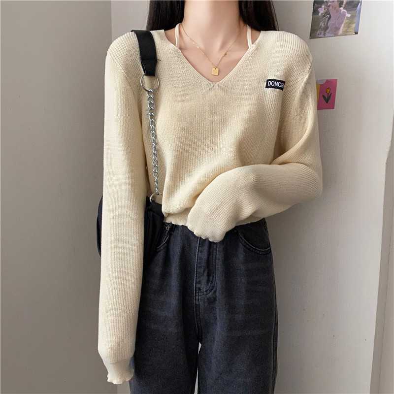 Yedinas Sexy V-Neck Lace Up Knitted Sweaters Women Autumn Long Sleeve Solid Crop Tops Spring Knitwear Japanese Ladies Jumper 210527