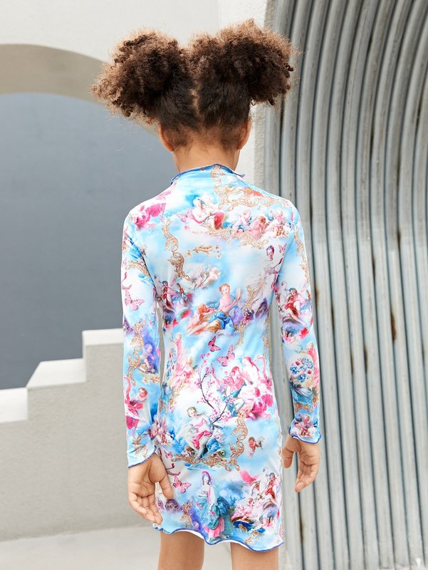 Girls 1pc Figure And Floral Print Lettuce Trim Dress SHE