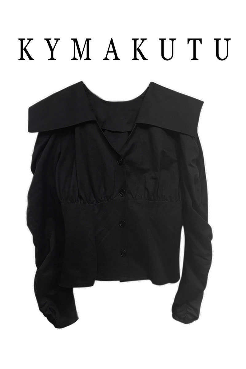 VANOVICH Korean Spring and Summer Women's Fashion Turn-down Collar Pleated Sleeve Shirt Long Blouse 210615Z