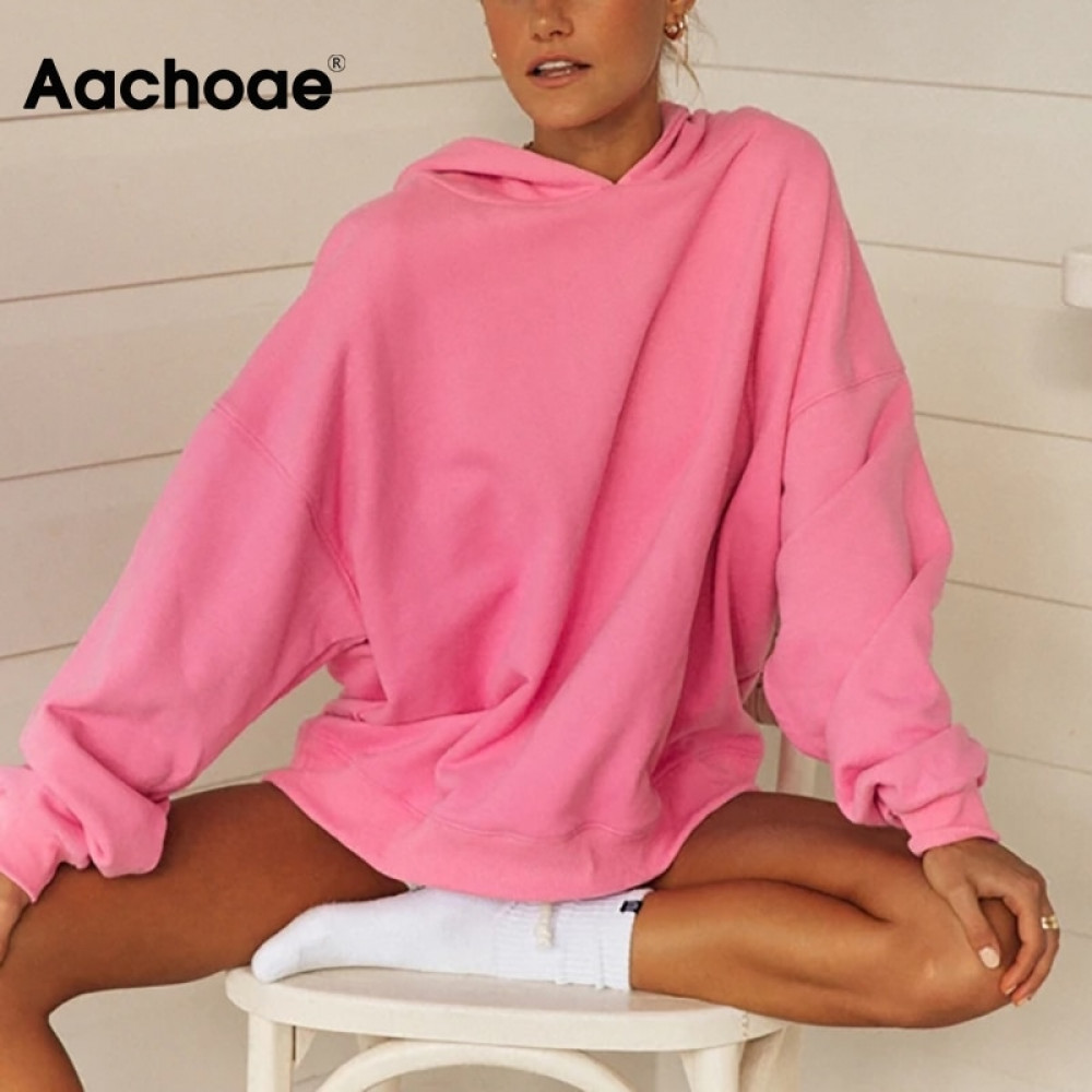 Aachoae Casual Solid Pullover Hoodies Sweatshirts Women Batwing Long Sleeve Loose Base Tops Lady Office Wear Hooded Hoodie 201204