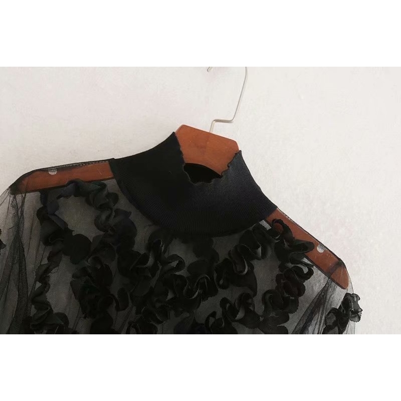 new women sexy appliques transparent casual black Shirts blouses women long sleeve patchwork mesh roupas femininas tops LS4513 T200320