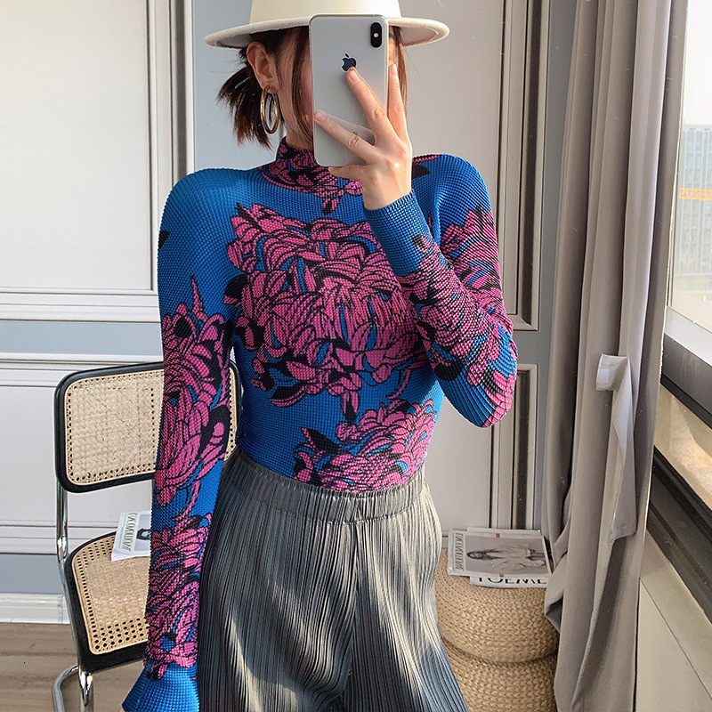 2021 New Tencel Pleated Long Sleeve Corest Tops Women Autumn Winter Half High Neck Bottoming Shir Slim Vintage Floral T-shirt 7CZX