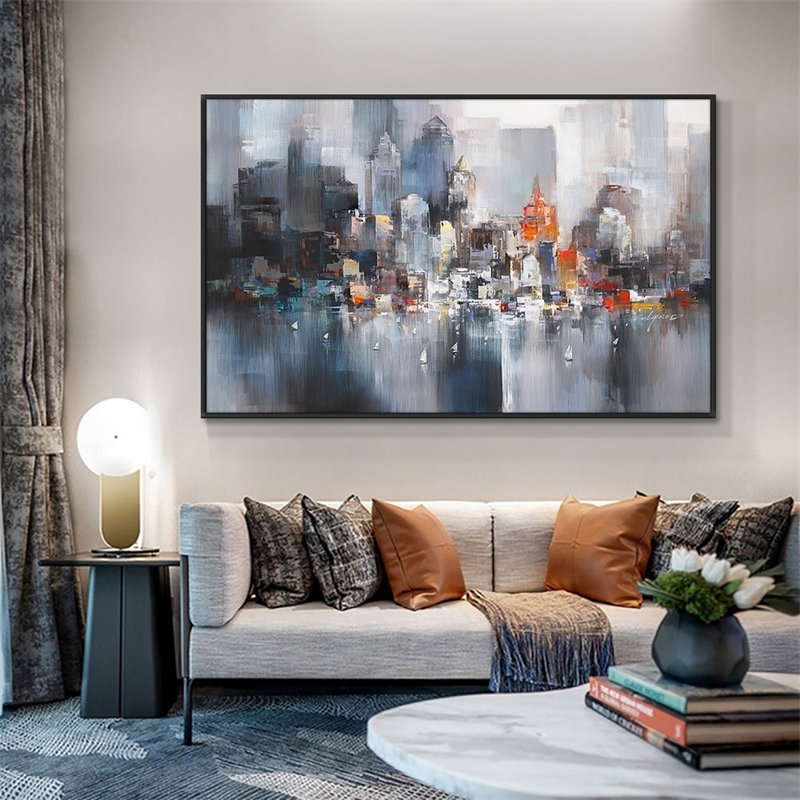 

Abstract Big City Buildings 100% Hand Painted Oil Painting On Canvas Handmade Wall Art Pictures For Living Room Home Decor 210310