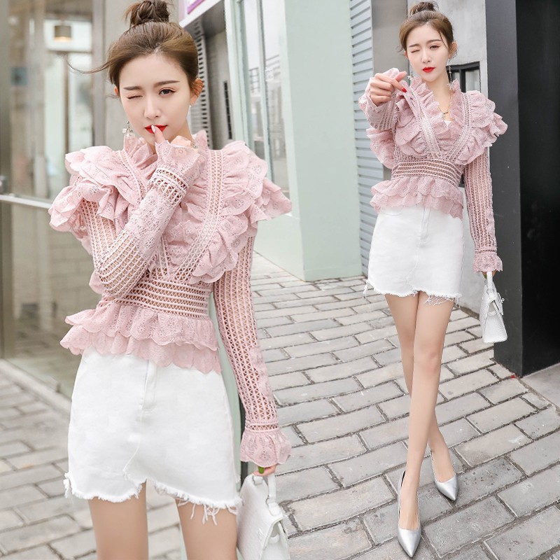 2021 New Runway Self Portrait Women Lace Hollow Out Layers Ruffles Shirt Blusas Vintage Sexy Ladies Blouse Flare Sleeve Tops 210225