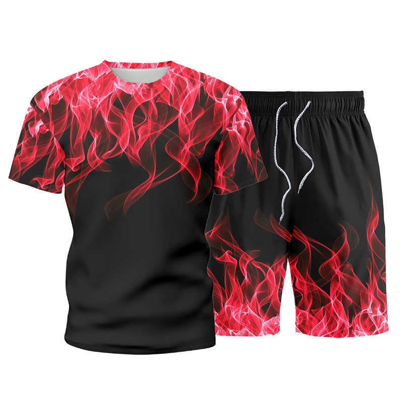Men's Sets Summer Flame Print Men Tracksuit Casual Short Sleeve T-shirt+Shorts Two Piece Fashion Sportswear Male Sports Suit 210603