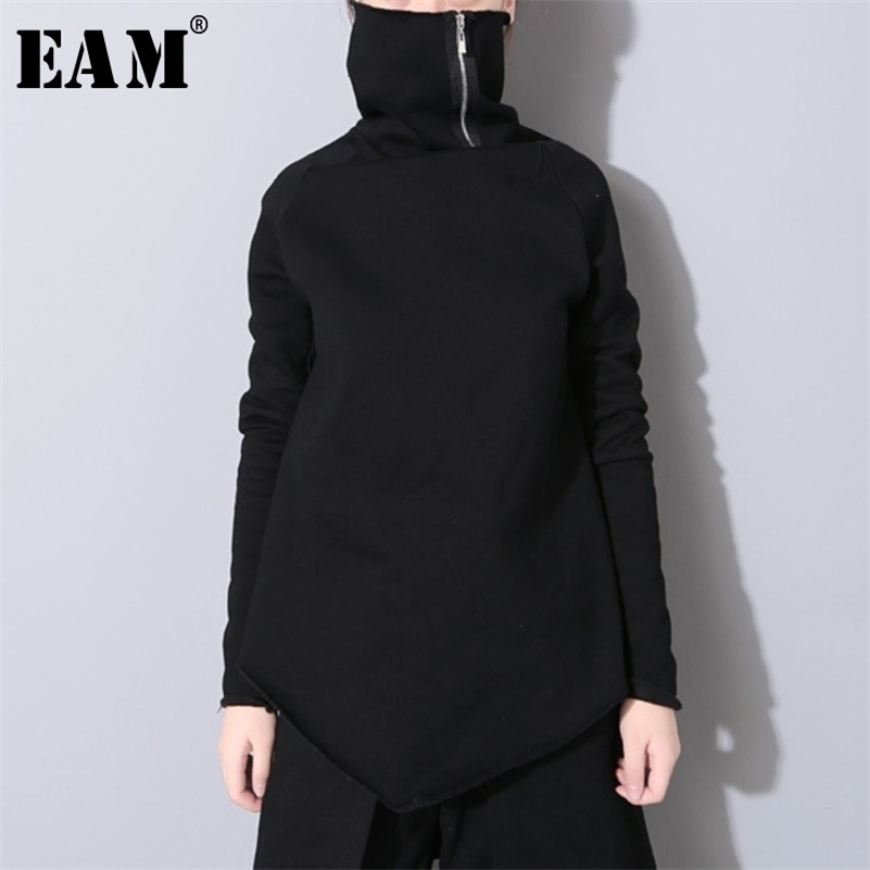 [EAM] New Spring Pullover Turtleneck Collar Full Sleeve Asymmetrical Loose Sweatshirt Women Fashion Tide OB196 201028