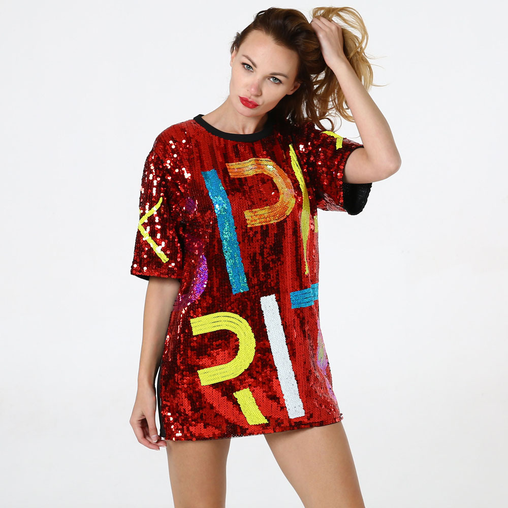 2019 New Summer Women's Tops Love Peach Eye Clear Letter Sequins Long Loose Tshirt Festival Gothic Top Unicornio Fashion T-shirt 210306
