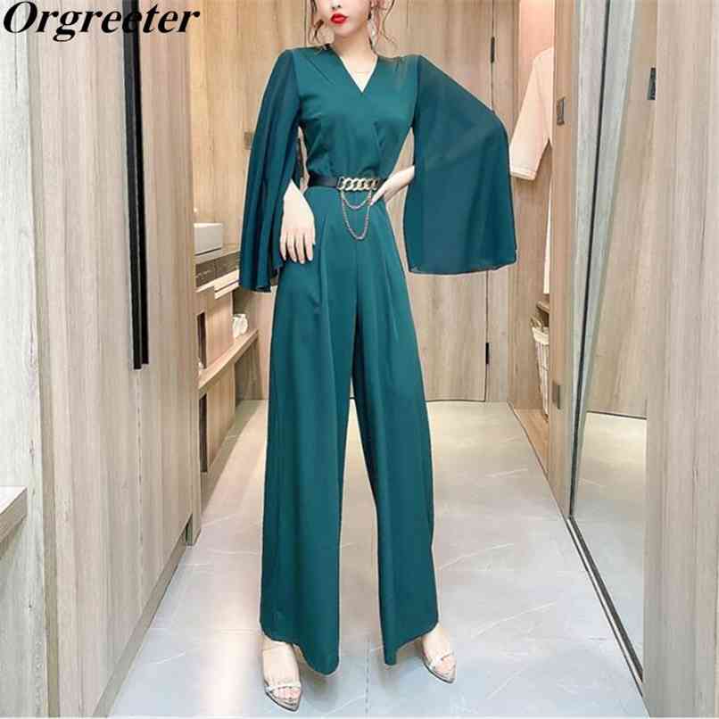 Summer Office Ladies Romper Women V-neck Butterfly Sleeve Chain Wide leg Jumpsuit Female Solid Green /Red/Black Playsuit 210602
Summer Office Ladies Romper Women V-neck Butterfly Sleeve Chain Wide leg Jumpsuit Female Solid Green /Red/Black Playsuit 210602