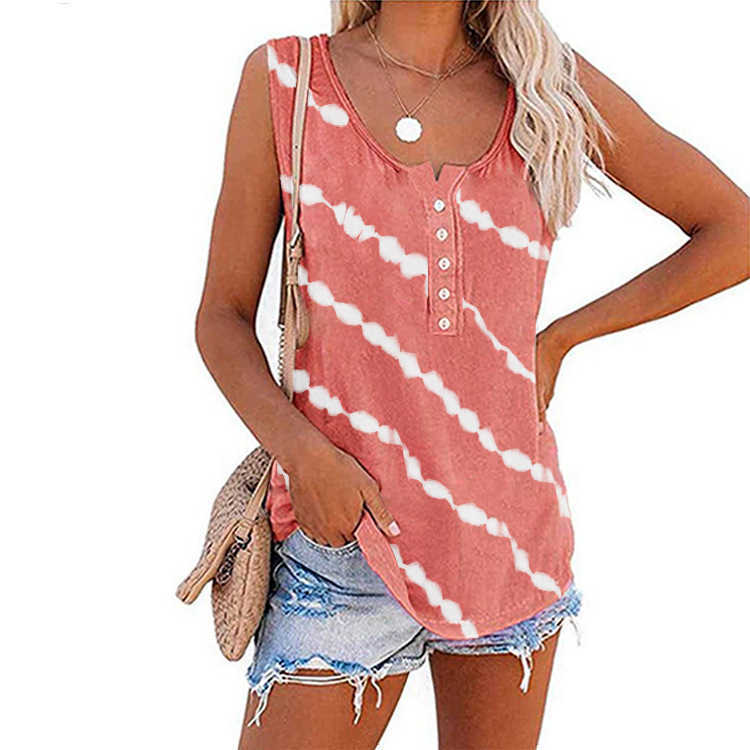 Casual Round Neck Single Breasted Striped Print Sleeveless Tank Top Summer Baggy s for Women Cotton Plus Size Tanks Black 210604