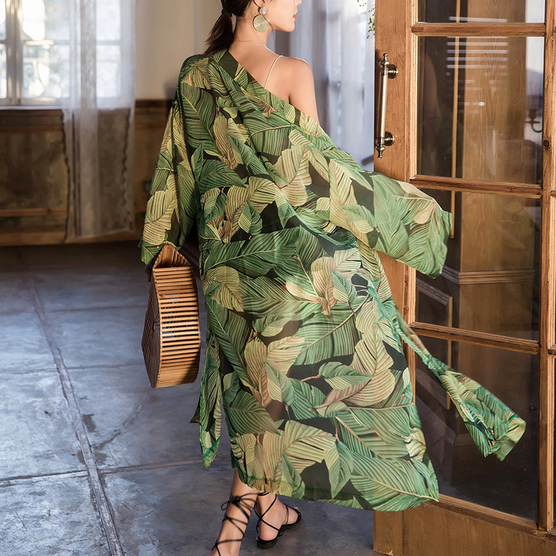 Woherb Summer Bohemian Chiffon Shirt Women Sunscreen Kimono Cardigan Perspective Long Blouse Leaves Print Beachwear 21753 210225