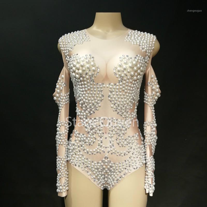 

Women' Jumpsuits & Rompers Women Sexy Stage White Sparkle Pearls Jumpsuit Nightclub Wedding Birthday Party Wear Dancer Bling Dance Costumes, Bodysuit