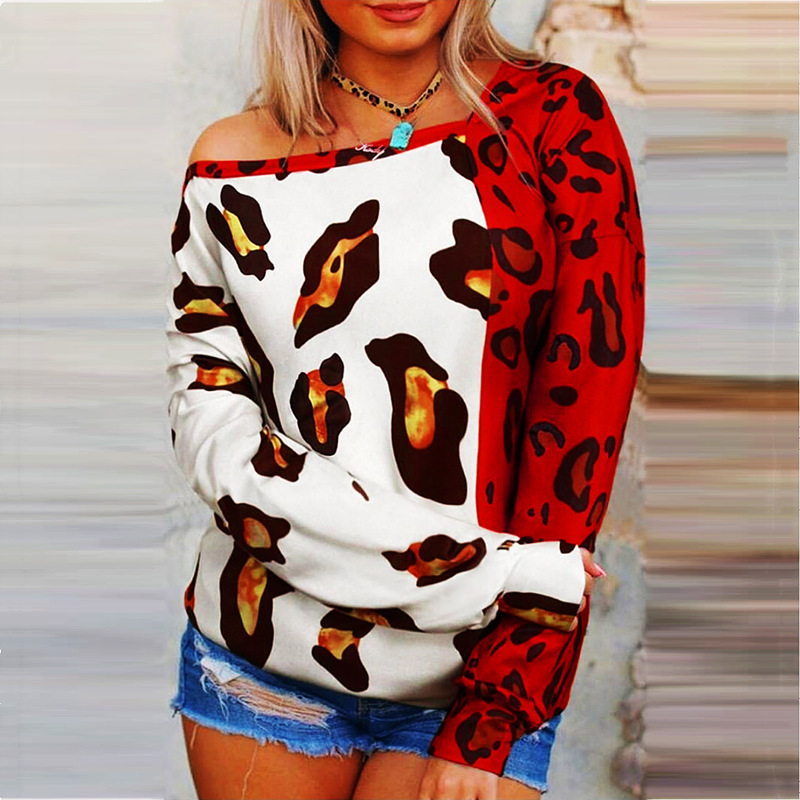 Women's Tops Tees T-Shirt Spot European American style 2021 autumn winter oblique shoulder printing color matching long-sleeved top