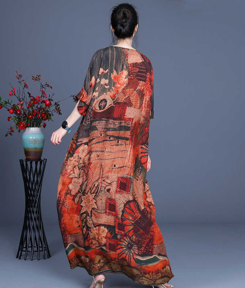 Summer Silk Irregular Drawstring Print Plus Size Retro V-Neck A Line Dresses for Women 210615Z