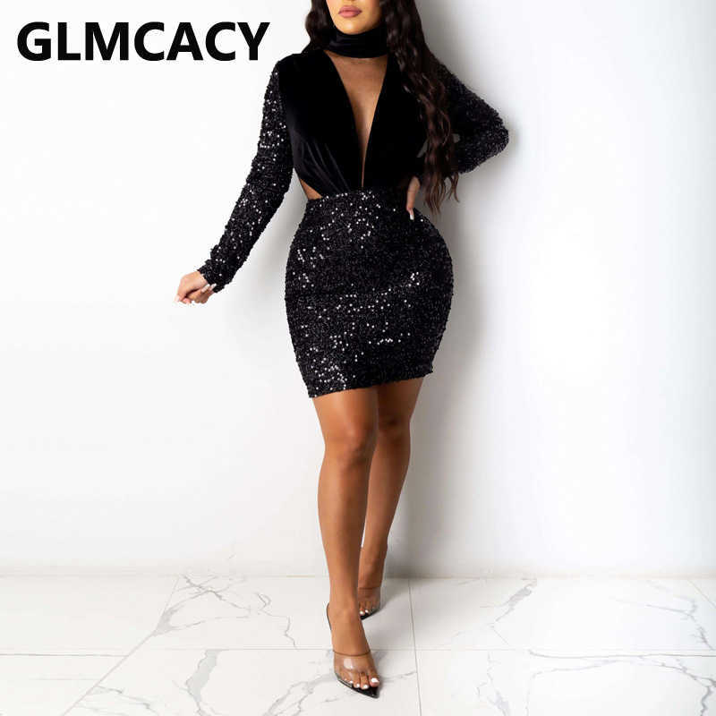 Women Long Sleeve Mesh Insert Dress Velvet & Sequin Patchwork Bodycon Dresses 210702