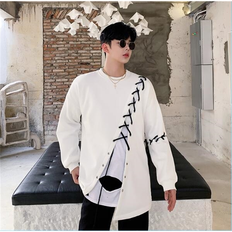 Autumn alternative belt joining loose mens hoodies streetwear casual fashion hip hop homme pullovers 201020