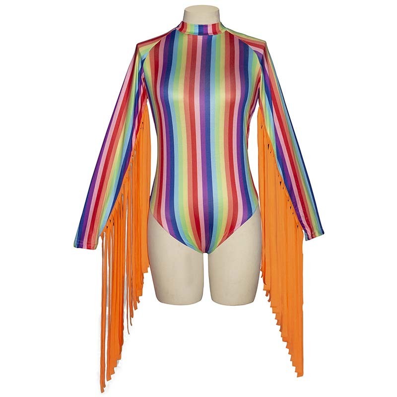 Beyprern Womens Goddess Tassle Fringe Bodysuit Fashion Long Sleeve Rainbows Striped Short Jumpsuit Festival Outfits Rave Wears Y200904