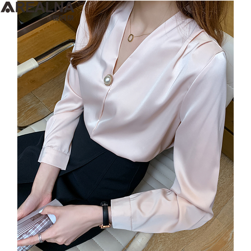 Satin Slik Elegant Blouse Shirt Women Korean Fashion Clothing Long Sleeve Female Blouses White Green Work Tops Chic Blusas Mujer 210225