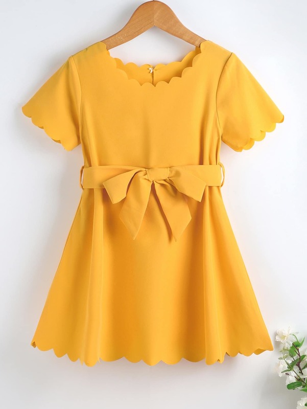 Toddler Girls Scallop Trim Belted Dress SHE
