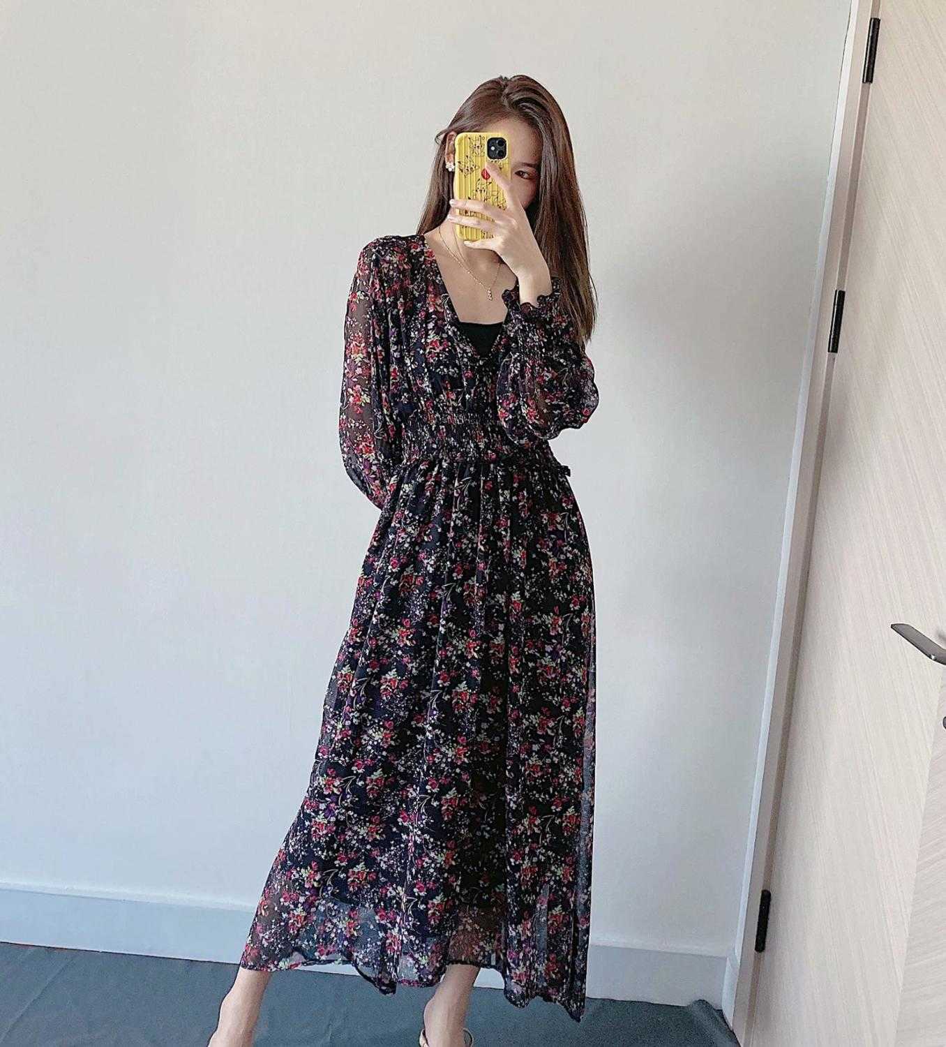 Zevity Women Elegant V Neck Flower Print Elastic Waist Chiffon Dress Chic Female Long Sleeve Casual Slim A Line Vestido DS4616 210603