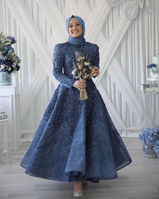 2022 Plus Size Arabic Aso Ebi Navy Blue Luxurious Muslim Prom Dresses Lace Beaded Evening Formal Party Second Reception Gowns Dress ZJ335