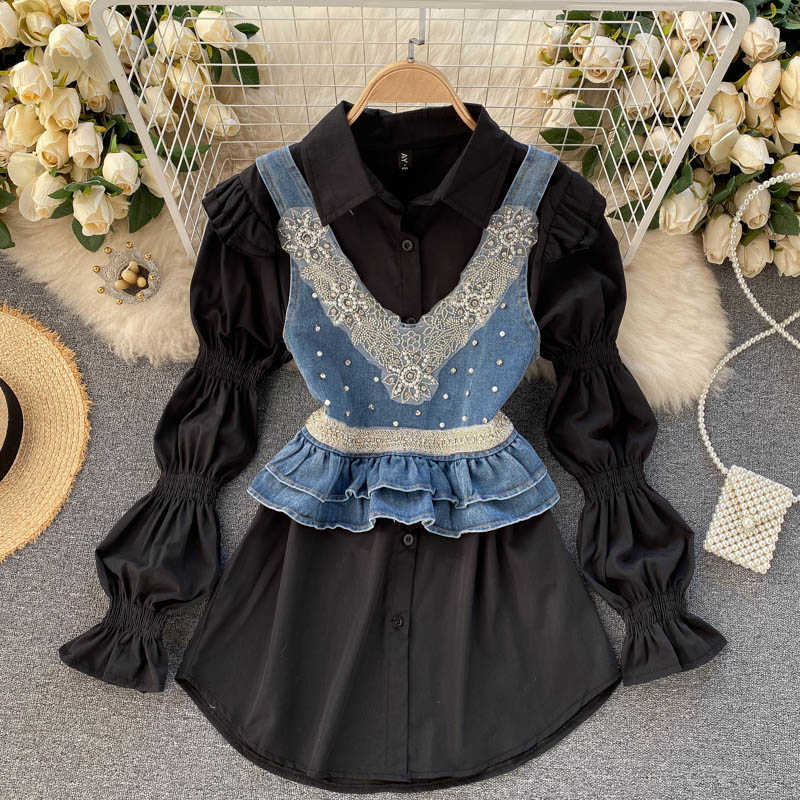 Women Fashion Spring Long Sleeve White Shirts Tops + Pearl-encrusted Diamond Vest Two-piece Sets R523 210527