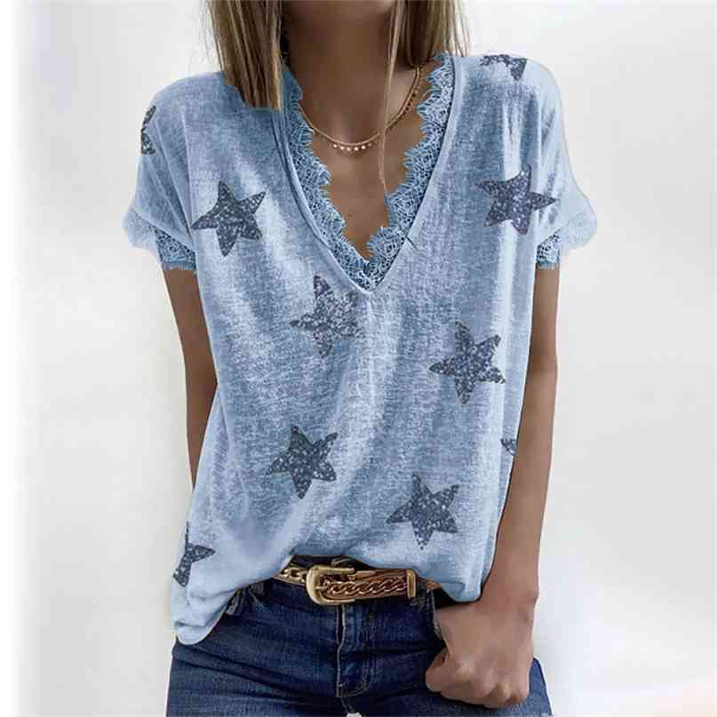 Lace Patchwork Deep V Neck Short Sleeve T Shirt Women Stars Printing Casual Loose Plus Size Streetwear Tops Tee Shirts 210603