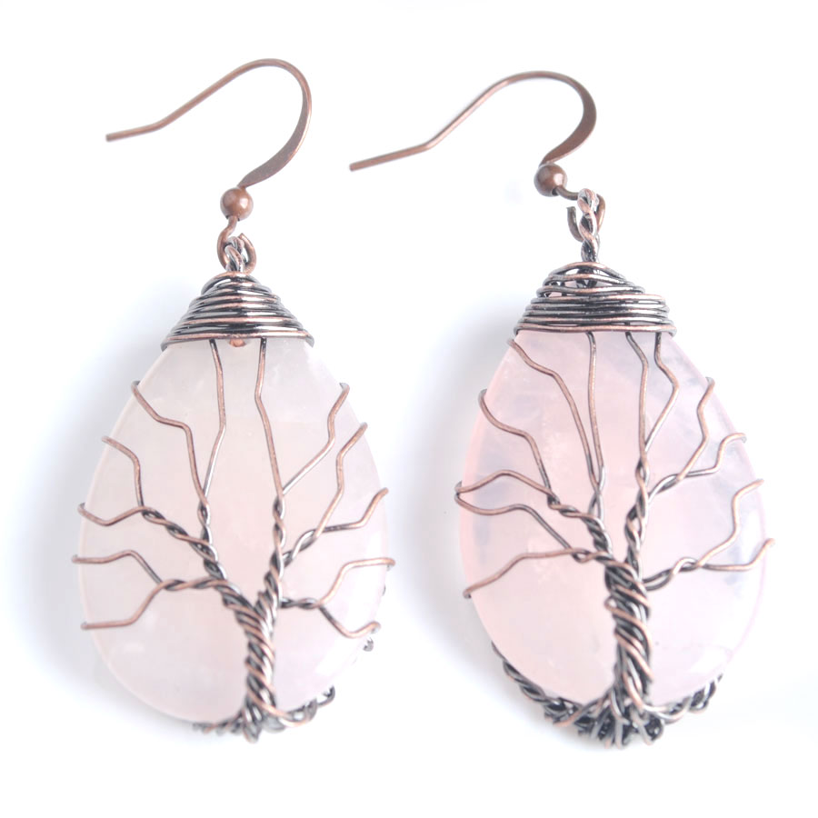 WOJIAER Tribal Copper Dangle Earrings Water Drop Tree of Life Wire Wrap Earring For Natural Stone Jewelry BV910
