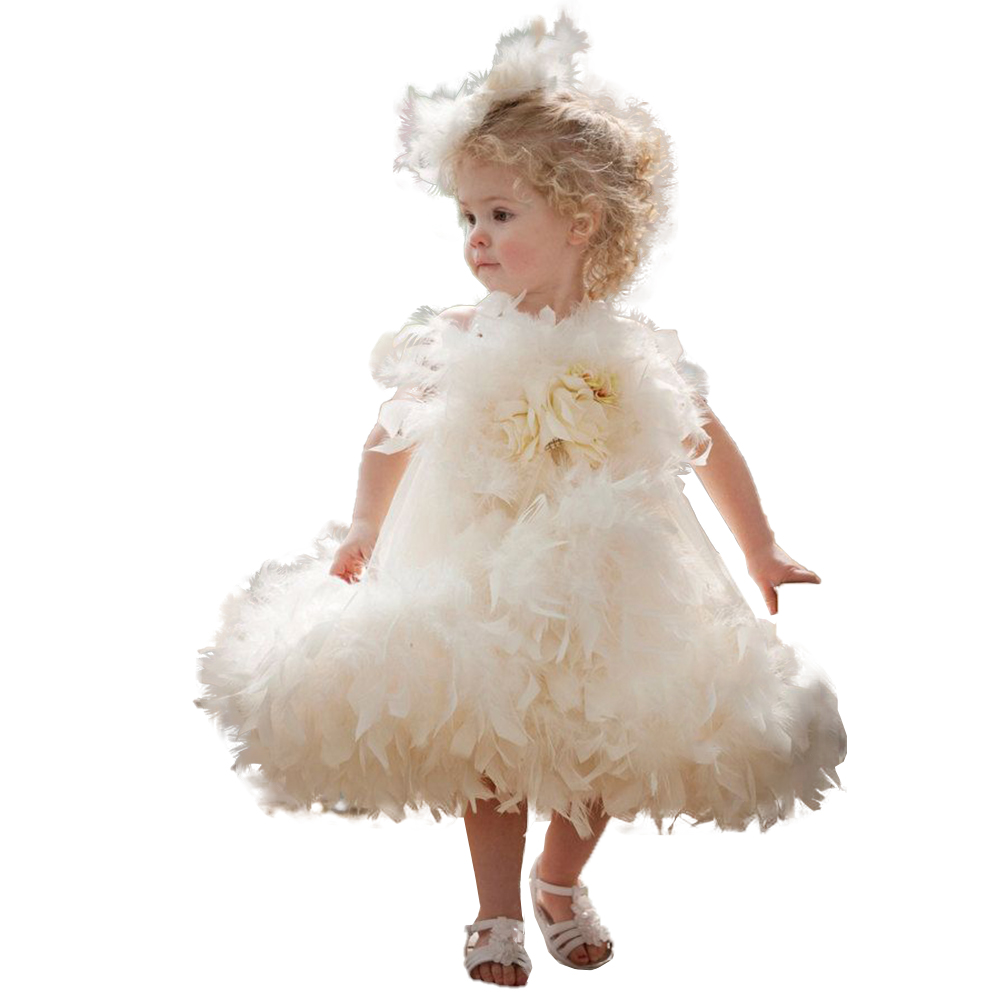 2021 Newest Lovely Flower Girls Dresses For Wedding Sleeveless Appliqued Beaded Feather Lace A Line Kids Formal Wear Pageant Dress