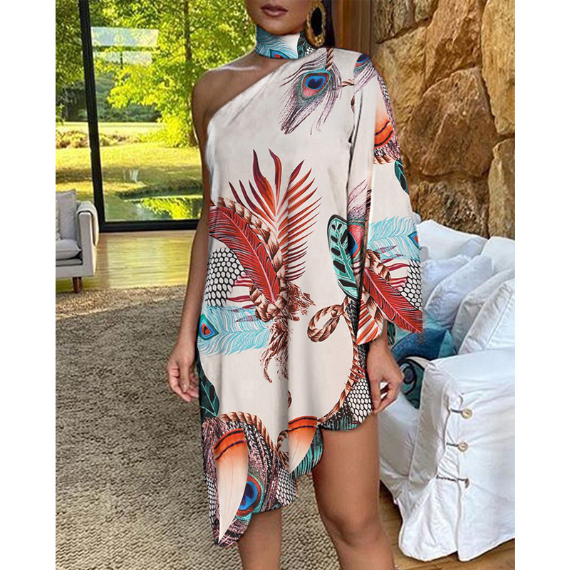 New Fashion Vintage Women Loose Dress Stand neck One Shoulder Figure Print Irregular Ruffle Dress Ladies Vestido 210222